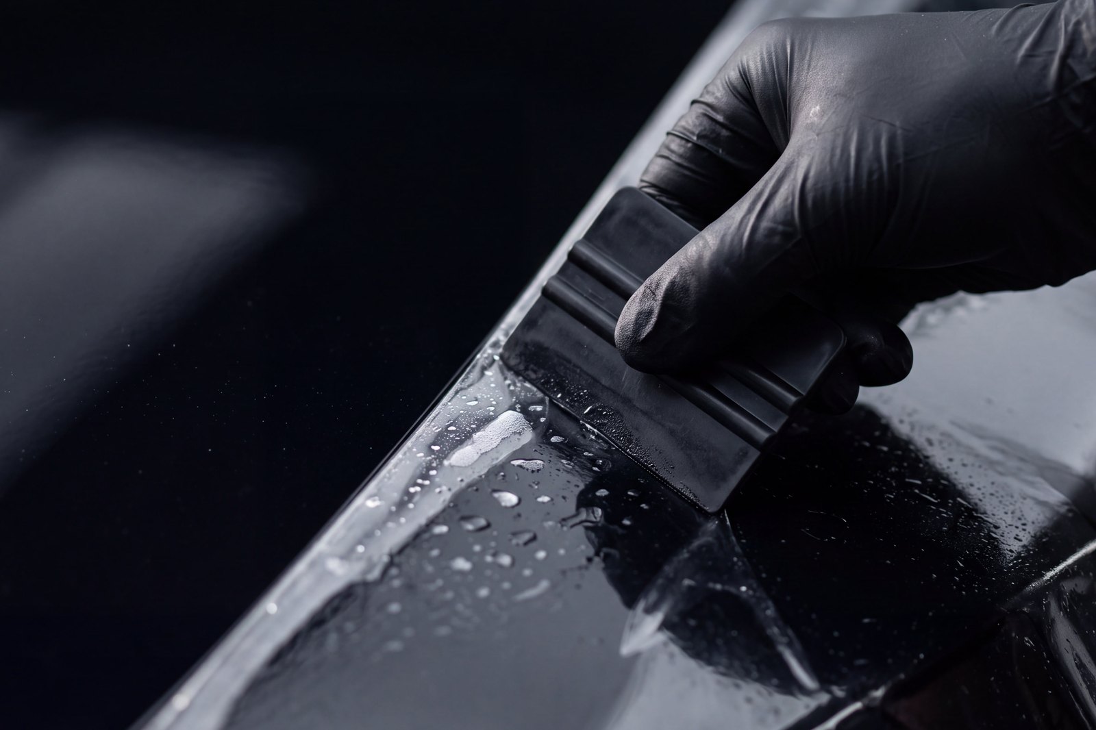 Main gantée qui applique une pellicule transparente sur le capot noir d'un véhicule